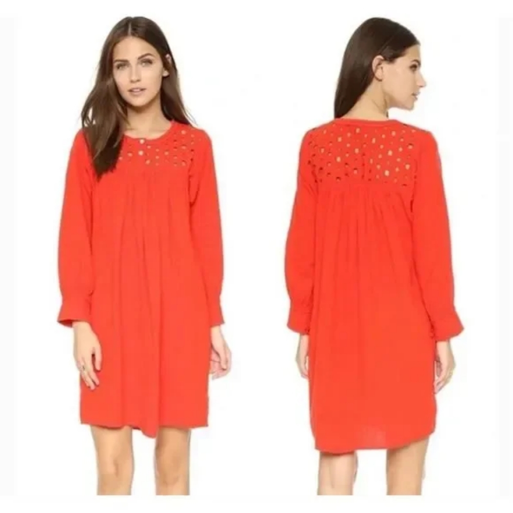 MADEWELL Daybreak Eyelet Linen Orange Red Mini Long Sleeve Dress Size XXS
